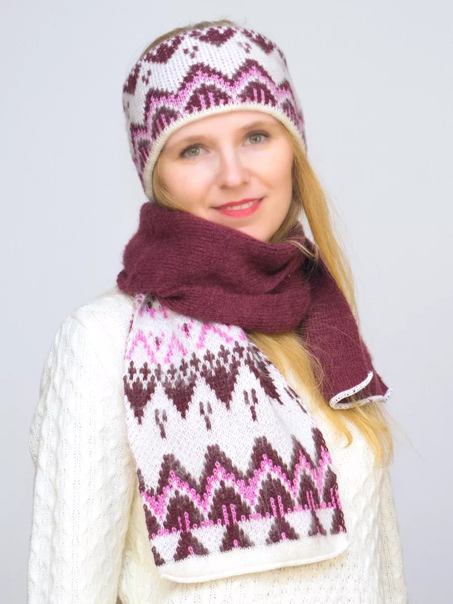 Комплект зимний женский повязка+шарф Узоры (Цвет бордовый) купить в LanaCaps по цене 1533 рублей