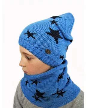 Комплект весна-осень для мальчика шапка+снуд Звезды (Цвет голубой/черные звезды)